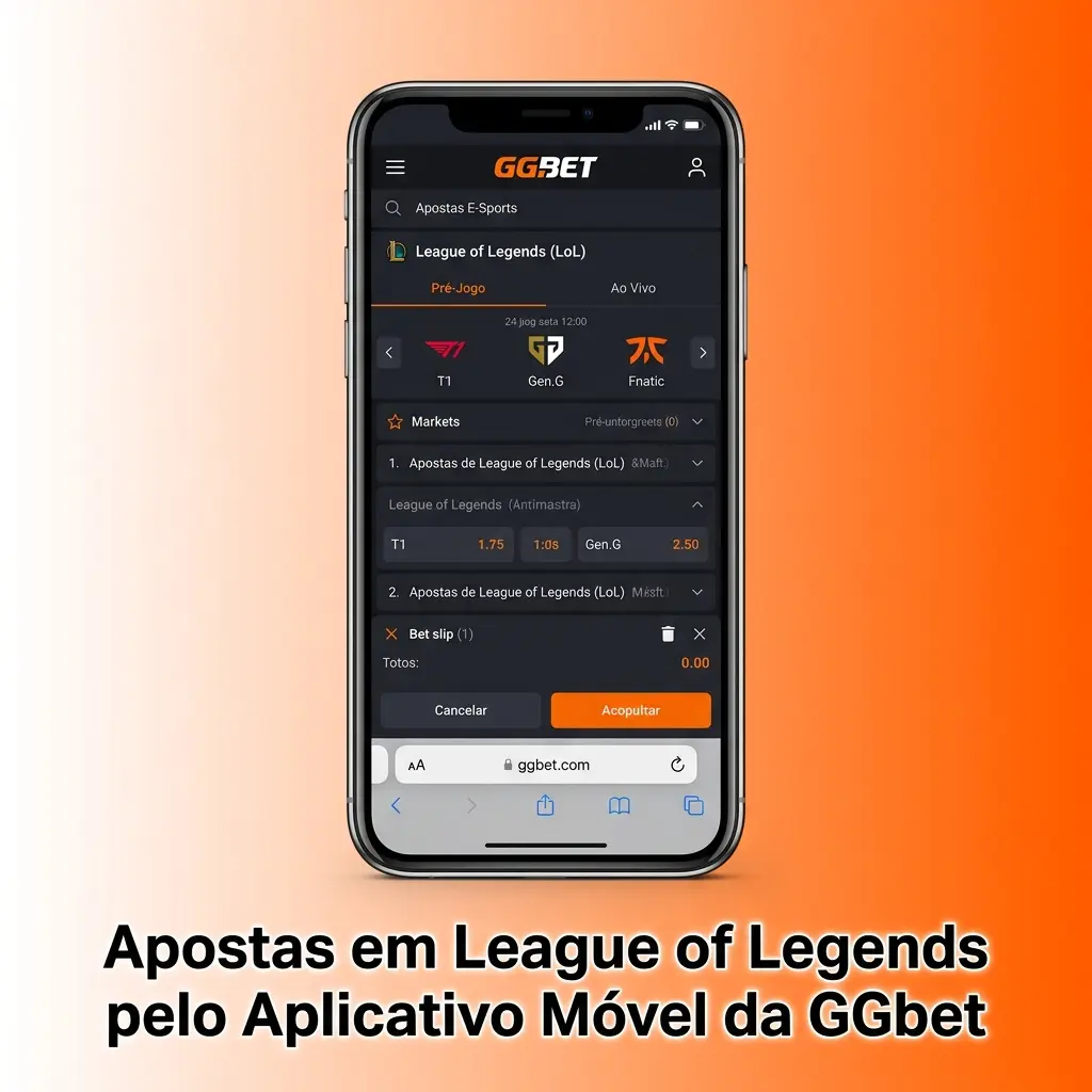 Aplicativo GGbet no celular exibindo apostas ao vivo em League of Legends com odds atualizadas e menu de esports